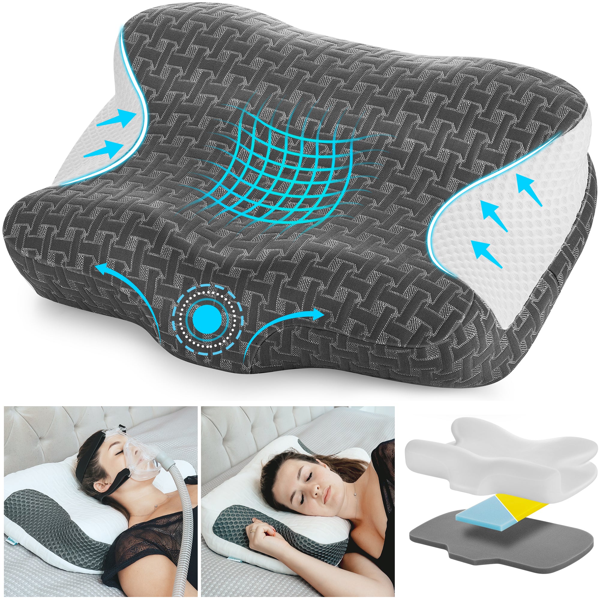 Elviros S9 Adjustable Orthopedic Contour Memory Foam Pillow Queen 23.6 L 16.3 W 3.2 4.1 H Dark Grey