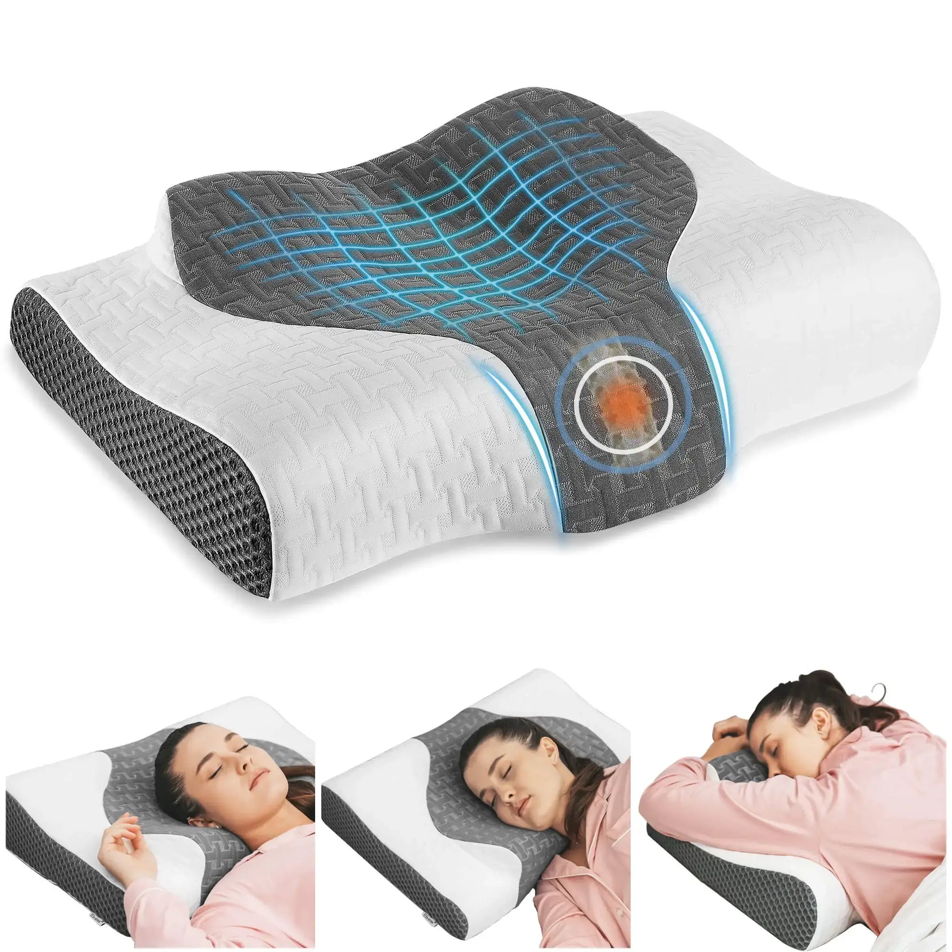 Elviros 2-in-1 Adjustable Firmness Cervical Pillow Gray / Queen Size 24*17*3.3/4.9 Inches