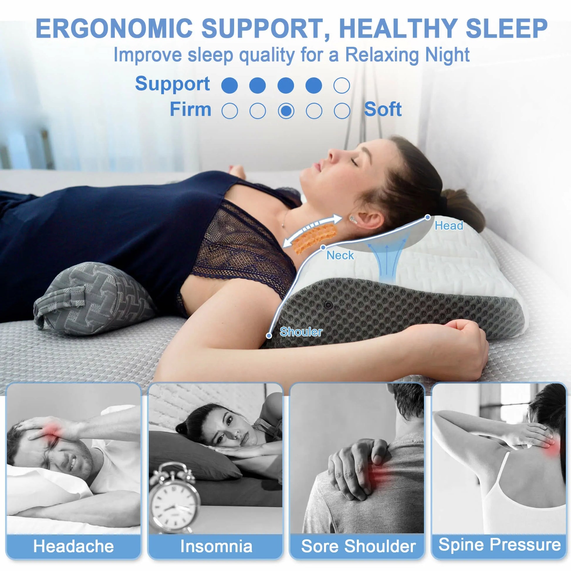 No More Aches Neck Pillow for Pain Relief, Adjustable Cervical Support with  Armrest, Odorless Ergonomic Contour Memory Foam Pillows,Orthopedic Bed