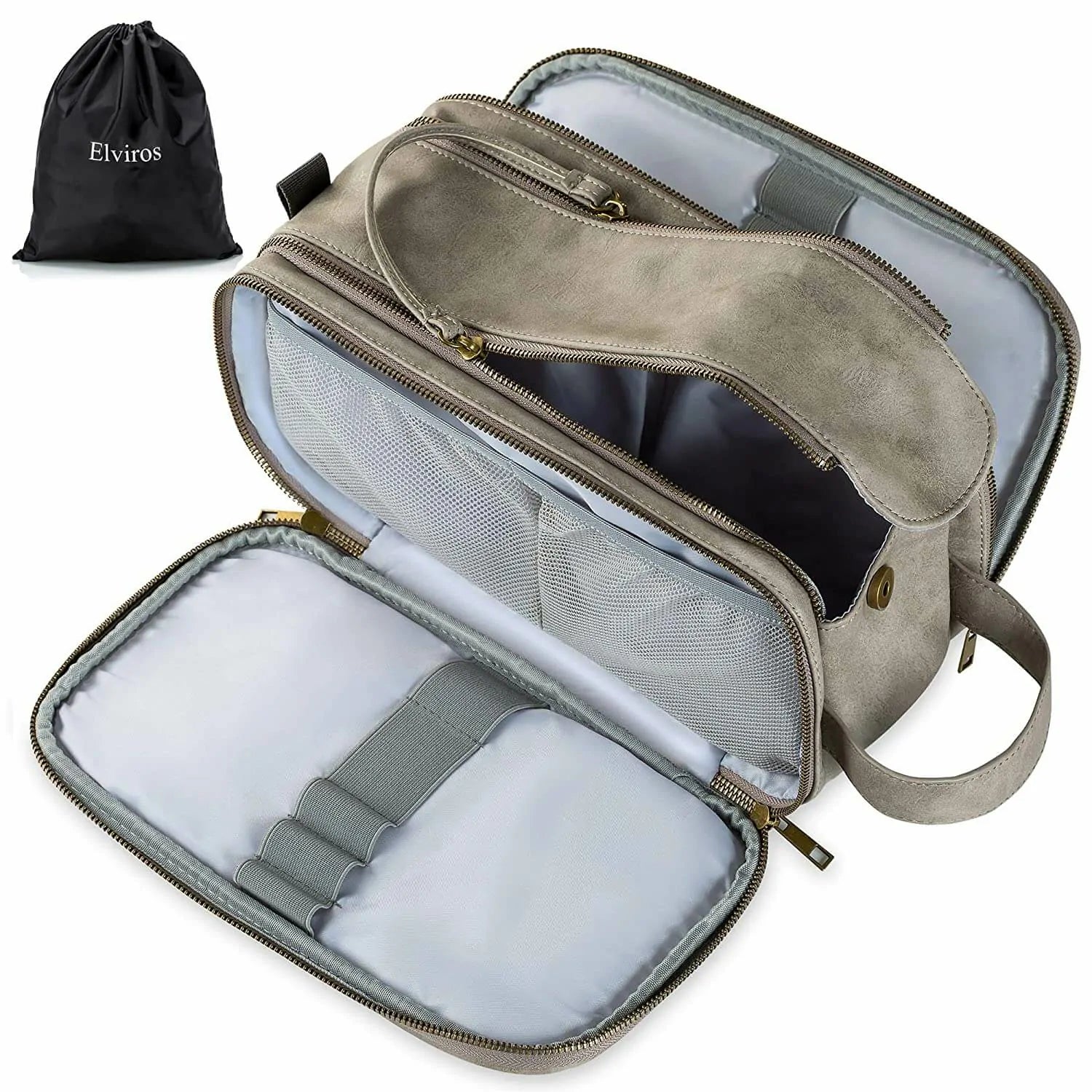 Elviros Toiletry Bag for Men, Large Travel Shaving Dopp Kit Water-Resistant Bathroom Toiletries Organizer PU Leather Cosmetic Bags, Brown