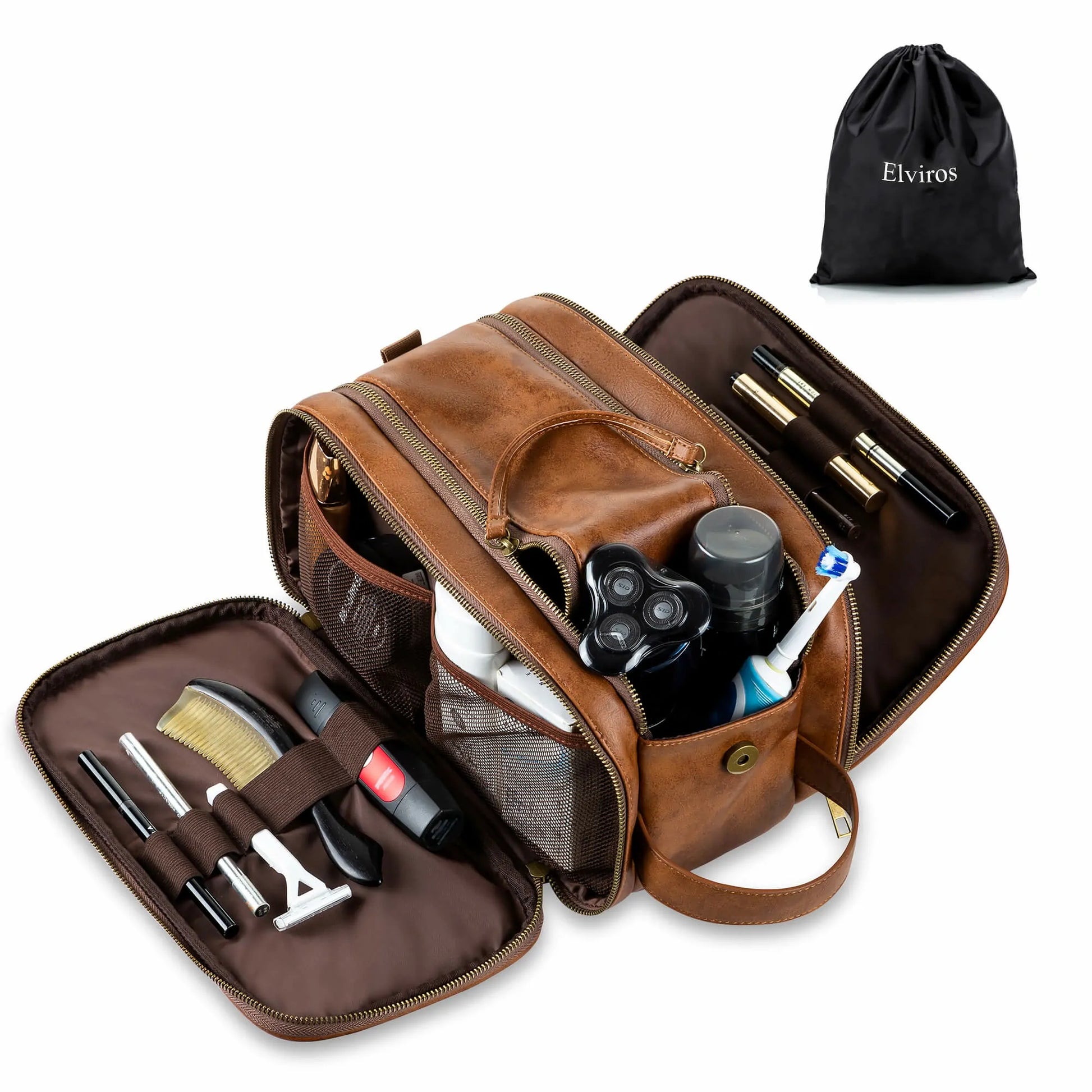 Elviros Toiletry Bag, Travel Dopp Kit Leather Makeup Organizer